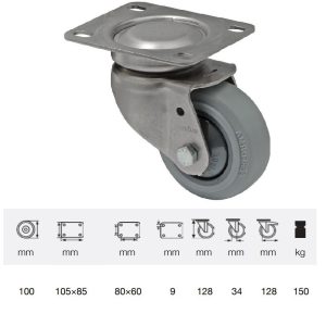 JXPF 1001 7100, Rolă pivotantă, montată în furcă inox, Suprafață de rulare premium din cauciuc plin PERFORMA, 100 mm, capacitate de încărcare 150 kg, prindere cu placă