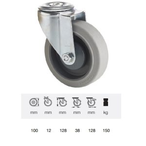 JXPF 1005 7000, Rolă pivotantă, montată în furcă inox, Suprafață de rulare premium din cauciuc plin PERFORMA, 100 mm, capacitate de încărcare 150 kg, prindere cu gaură centrală