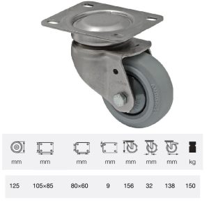 JXPF 1251 7100, Rolă pivotantă, montată în furcă inox, Suprafață de rulare premium din cauciuc plin PERFORMA, 125 mm, capacitate de încărcare 150 kg, prindere cu placă