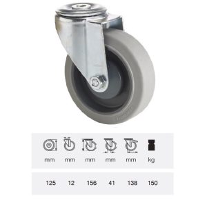 JXPF 1255 7000, Rolă pivotantă, montată în furcă inox, Suprafață de rulare premium din cauciuc plin PERFORMA, 125 mm, capacitate de încărcare 150 kg, prindere cu gaură centrală