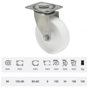 JXPN 0801 1100, Rolă pivotantă, suprafață de rulare din plastic (poliamidă), montată în furcă inox, 80 mm, capacitate de încărcare 150 kg, prindere cu placă