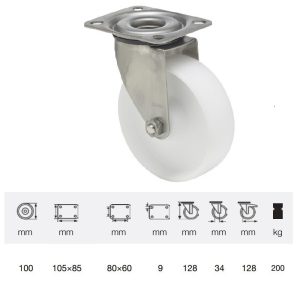 JXPN 1001 1100, Rolă pivotantă, suprafață de rulare din plastic (poliamidă), montată în furcă inox, 100 mm, capacitate de încărcare 200 kg, prindere cu placă