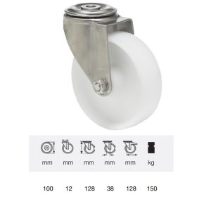 JXPN 1005 1000, Rolă pivotantă, suprafață de rulare din plastic (poliamidă), montată în furcă inox, 100 mm, capacitate de încărcare 150 kg, prindere cu gaură centrală