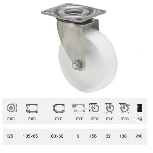 JXPN 1251 1100, Rolă pivotantă, suprafață de rulare din plastic (poliamidă), montată în furcă inox, 125 mm, capacitate de încărcare 200 kg, prindere cu placă