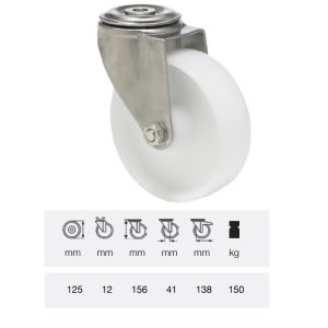 JXPN 1255 1000, Rolă pivotantă, suprafață de rulare din plastic (poliamidă), montată în furcă inox, 125 mm, capacitate de încărcare 150 kg, prindere cu gaură centrală