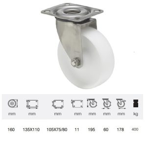 JXPN 1601 1100, Rolă pivotantă, suprafață de rulare din plastic (poliamidă), montată în furcă inox, 160 mm, capacitate de încărcare 400 kg, prindere cu placă