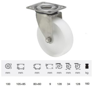 JXPP 1001 1000, Rolă pivotantă, suprafață de rulare din plastic (polipropilenă), montată în furcă inox,100 mm, capacitate de încărcare 160 kg, prindere cu placă