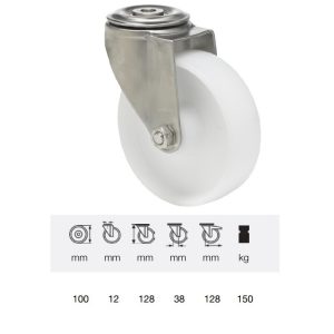JXPP 1005 1000, Rolă pivotantă, suprafață de rulare din plastic (polipropilenă), montată în furcă inox, 100 mm, capacitate de încărcare 160 kg, prindere cu gaură centrală