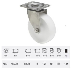 JXPP 1251 1000, Rolă pivotantă, suprafață de rulare din plastic (polipropilenă), montată în furcă inox, 125 mm, capacitate de încărcare 180 kg, prindere cu placă