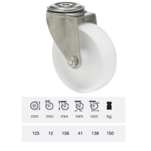 JXPP 1255 1000, Rolă pivotantă, suprafață de rulare din plastic (polipropilenă), montată în furcă inox, 125 mm, capacitate de încărcare 180 kg, prindere cu gaură centrală