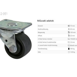 S4-3312-351 armat cu fibră de sticlă poliamidă suprafață de rulare, diametru 75 mm, capacitate de încărcare 550 kg, rulment dublu cu bile
