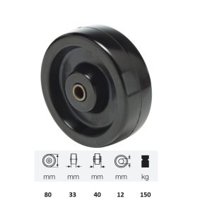 WLFL 0802 1000, termorezistentă (până la +280°C), suprafață de rulare din compozit cu rășină fenolică, diametru 80 mm, capacitate de încărcare 150 kg, lagăr simplu