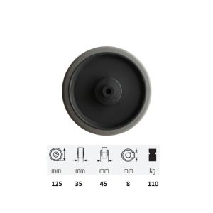 WPPE 1252 5000, Suprafață de rulare premium din cauciuc plin ECOFORMA, diametru 125 mm, capacitate de încărcare 110 kg, rulment cu bile
