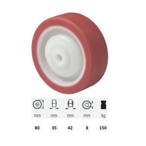 WPPU 0802 5080, Suprafață de rulare din poliuretan, diametru 80 mm, capacitate de încărcare 150 kg, rulment cu bile