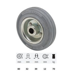 WPSG 0802 2000, suprafață de rulare din cauciuc gri, fără urme, diametru 80 mm, capacitate de încărcare 70 kg, rulment cu ace