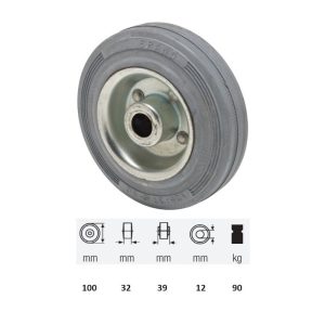 WPSG 1002 2000, suprafață de rulare din cauciuc gri, fără urme, diametru 100 mm, capacitate de încărcare 90 kg, rulment cu ace