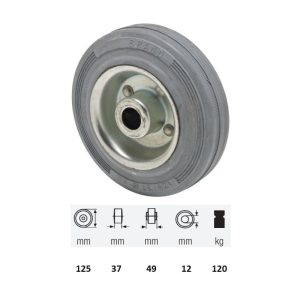WPSG 1252 2000, suprafață de rulare din cauciuc gri, fără urme, diametru 125 mm, capacitate de încărcare 120 kg, rulment cu ace