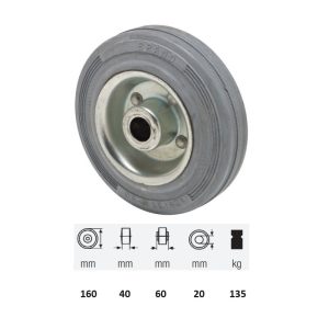WPSG 1603 2000, suprafață de rulare din cauciuc gri, fără urme, diametru 160 mm, capacitate de încărcare 135 kg, rulment cu ace