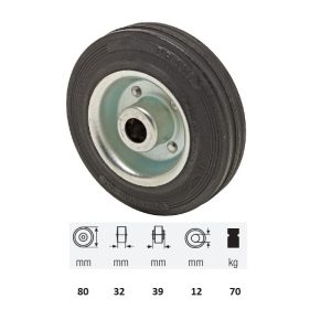 WPSM 0802 2000, suprafață de rulare din cauciuc negru, diametru 80 mm, capacitate de încărcare 70 kg, rulment cu ace