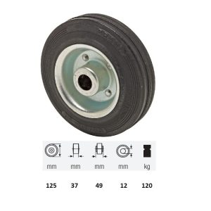 WPSM 1252 2000, suprafață de rulare din cauciuc negru, diametru 125 mm, capacitate de încărcare 120 kg, rulment cu ace