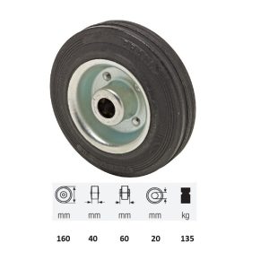 WPSM 1603 2000, suprafață de rulare din cauciuc negru, diametru 160 mm, capacitate de încărcare 135 kg, rulment cu ace