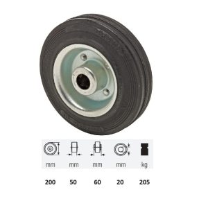 WPSM 2003 2000, suprafață de rulare din cauciuc negru, diametru 200 mm, capacitate de încărcare 205 kg, rulment cu ace