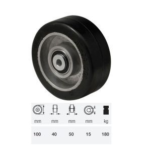 WTAB 1002 6150, suprafață de rulare din cauciuc plin negru, diametru 100 mm, capacitate de încărcare 180 kg, rulment dublu cu bile