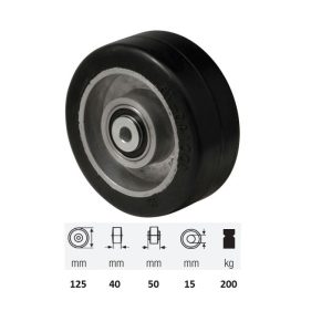WTAB 1252 6150, suprafață de rulare din cauciuc plin negru, diametru 125 mm, capacitate de încărcare 200 kg, rulment dublu cu bile