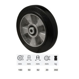 WTAB 1603 6150, suprafață de rulare din cauciuc plin negru, diametru 160 mm, capacitate de încărcare 350 kg, rulment dublu cu bile