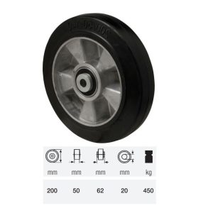 WTAB 2003 6150, suprafață de rulare din cauciuc plin negru, diametru 200 mm, capacitate de încărcare 400 kg, rulment dublu cu bile