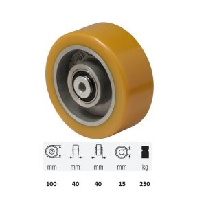 WTAU 1002 6150, Suprafață de rulare din poliuretan, diametru 100 mm, capacitate de încărcare 250 kg, rulment dublu cu bile