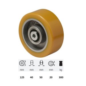 WTAU 1252 6150, Suprafață de rulare din poliuretan, diametru 125 mm, capacitate de încărcare 300 kg, rulment dublu cu bile