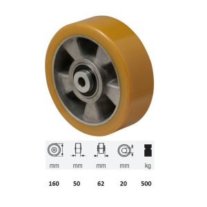 WTAU 1603 6440, Suprafață de rulare din poliuretan, diametru 160 mm, capacitate de încărcare 500 kg, rulment dublu cu bile