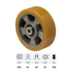 WTAU 2003 6440, Suprafață de rulare din poliuretan, diametru 200 mm, capacitate de încărcare 700 kg, rulment dublu cu bile