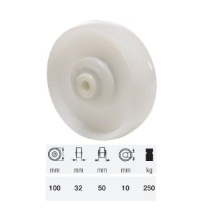 WTPN 1002 5000, suprafață de rulare din plastic (poliamidă), diametru 100 mm, capacitate de încărcare 250 kg, rulment cu bile
