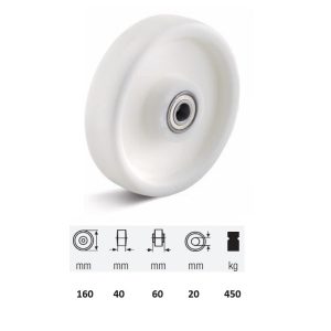 WTPN 1603 6000, suprafață de rulare din plastic (poliamidă), diametru 160 mm, capacitate de încărcare 450 kg, rulment cu bile